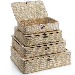 Aoibox Set of 4 Seagrass Wicker Storage Baskets with Lids Decorative Flat Organizer Bins for Closet Shelf Bedroom White - 1 of 4
