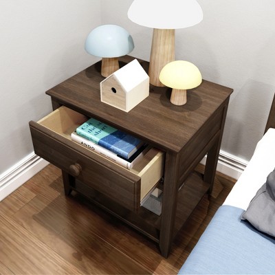Walnut Wood Nightstand with Drawer and Shelf, Small