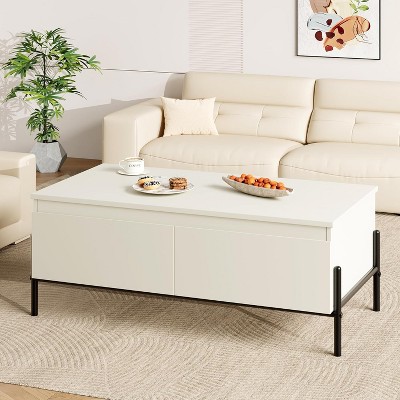 Coffee Table with Drawers - White Center Table with Storage Cocktail Table with Thickened Metal Leg