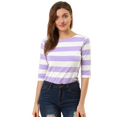 INSPIRE CHIC Women's Stripes Casual Basic Elbow Sleeves Boat Neck Slim Fit T-Shirts