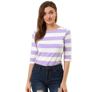 INSPIRE CHIC Women's Stripes Casual Basic Elbow Sleeves Boat Neck Slim Fit T-Shirts - 1 of 4