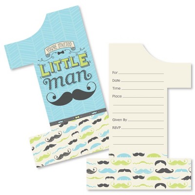 Big Dot of Happiness 1st Birthday Dashing Little Man Mustache Party - Shaped Fill-in Invites - Birthday Party Invite Cards with Envelopes - Set of 12