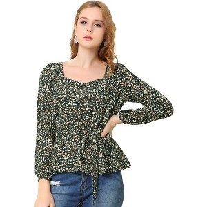 Allegra K Women's Floral Long Sleeve Sweetheart Neck Peplum Blouse with Belt - 1 of 4