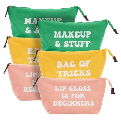 Glamlily 6 Pack Small Canvas Makeup Bags with Zipper for Women, 3 Colors/Designs (8 x 4 x 6 In)