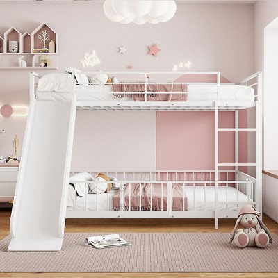 NicBex Twin Over Twin/Full Over Full Metal Bunk Bed with Ladder and Guardrail,Loft Bed with Convenient Gate for Bedroom,Black/White