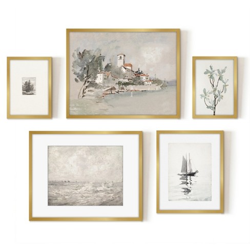 Americanflat 5 Piece Vintage Gallery Wall Art Set Gold Framed - Seaside ...