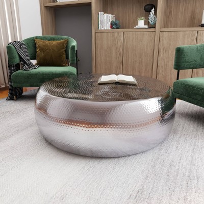 Elegant Hammered Silver Aluminum Round Coffee Table - 49"