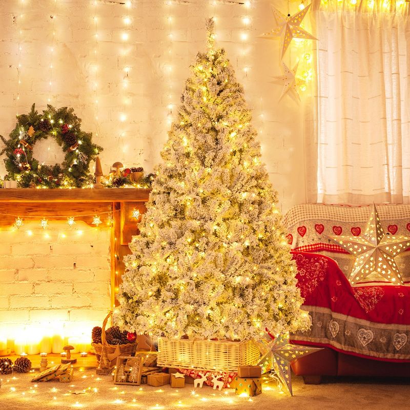 Costway 6 FT/7FT/8FT Pre-Lit Christmas Tree 3-Minute Quick Shape Flocked Decor with 300/450/600 LED Lights, 2 of 17