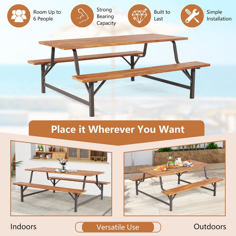 Costway Acacia Wood Patio Picnic Table Bench Set  with 71'' Tabletop ＆ 2'' Umbrella Hole, 5 of 10