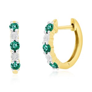 Classic Gold 14K Yellow Gold, Round 0.34ct Emerald, Diamond Hoop Earrings - (10 Stones) - Green - 1 of 2