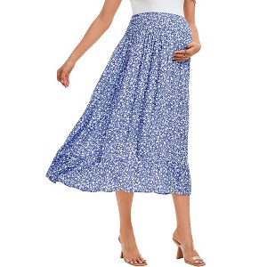 Coolmee Women's Maternity Boho Maxi Skirt Floral Smocked Elastic High Waist Pleated A-Line Ruffle Flowy Long Skirts - 1 of 2