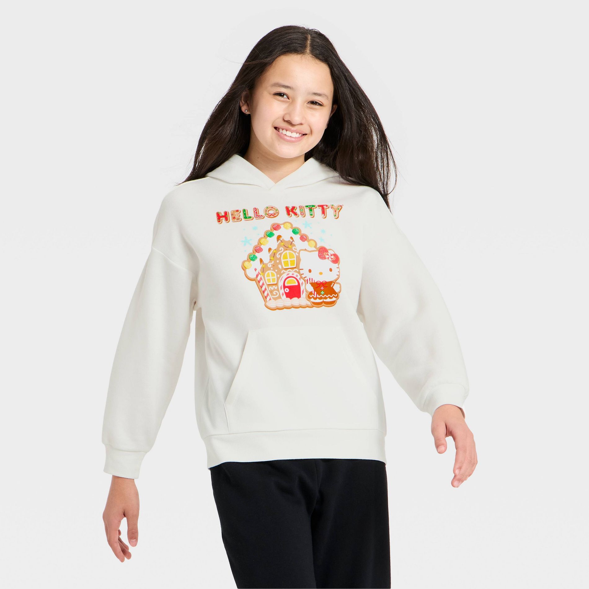 Girls' Hello Kitty Gingerbread Bakery Front and Back Oversized Hooded Fleece Sweatshirt - White