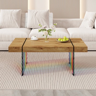 HDZNVF Wood colored texture sticker MDF Coffee Table with Tempered glass legs