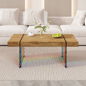 HDZNVF Wood colored texture sticker MDF Coffee Table with Tempered glass legs - 1 of 4
