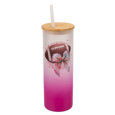 Elanze Designs 25 Ounce Frosted Glass Gradient Travel Tumbler With Straw and Wooden Lid, Football With Disco Bow Pink