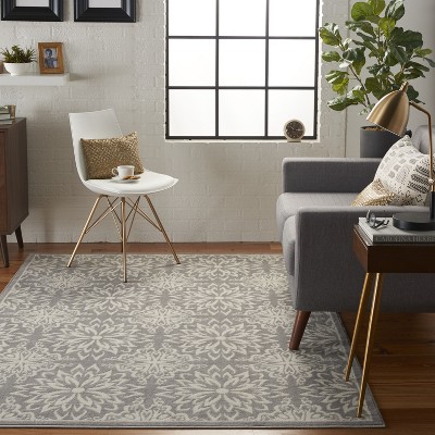 Ivory and Grey Floral Synthetic 5' x 7' Area Rug