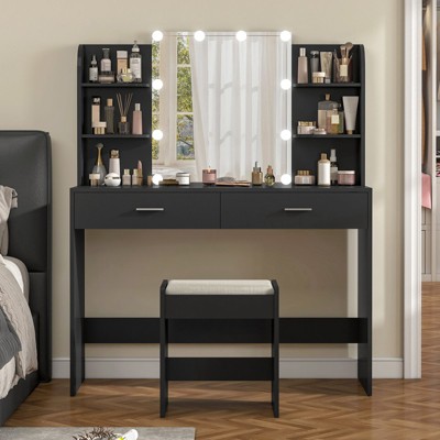 USIKEY Makeup Vanity with Mirror and 10 LED Lights, Vanity Makeup Table Set with 2 Drawers and Open Shelves,  Dressing Table with Cushioned Stool