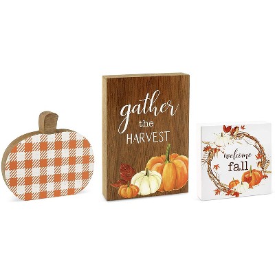 AuldHome Design Fall Wood Block Signs, 3pc Set; Small Pumpkin and Harvest Shelf Signs/Wall Decor