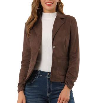 Allegra K Women's Notched Collar Button Ruched Long Sleeve Faux Suede Blazer