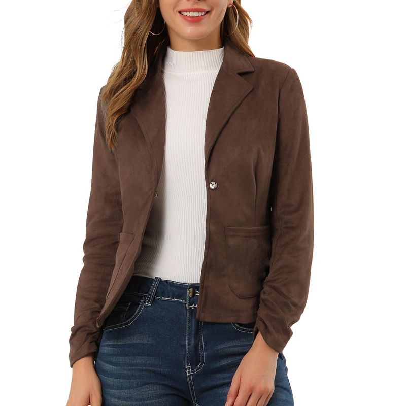 Allegra K Women's Notched Collar Button Ruched Long Sleeve Faux Suede Blazer, 1 of 7