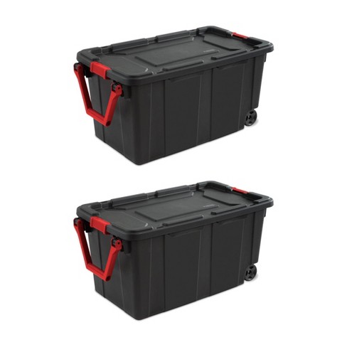 50 Gal Black Rolling Plastic Storage Tote with Pull Handle- Set of