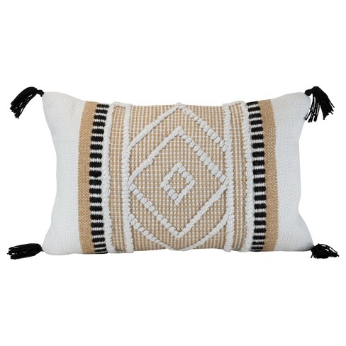 Unique Black 14 in. x 36 in. Neutral Solid Cotton Lumbar Throw Pillow with  Tassels