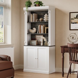 Tall Storage Bookcase with 3-Tier Open Shelves and Double Door, Roman Column Design and 4 Adjustable Lights - 1 of 4