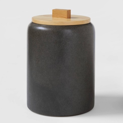 Large Stoneware Tilley Food Storage Canister With Wood Lid Black