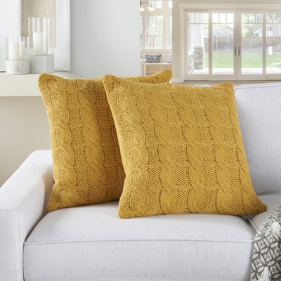 Yellow Cotton Knitted 18" Square Throw Pillows Set of 2