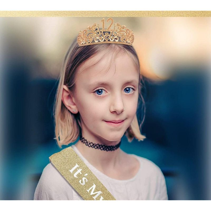 VeryMerryMakering 12th Birthday Princess Tiara and Glitter Sash Set Gift, Gold, 2 of 4