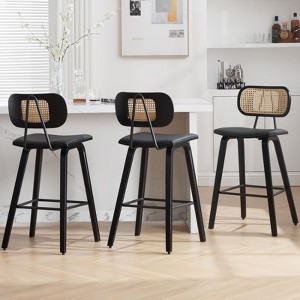 Bekrvio 26" Counter Height Bar Stools-Mid Century Modern Wood Frame,PU Leather Upholstered with Rattan Back, Kitchen Island Counter Stools - 1 of 4
