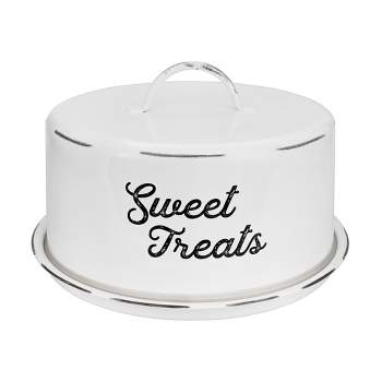 AuldHome Design White Enamelware Cake Cover; Farmhouse Style Decorative Cake Plate w/ Domed Lid