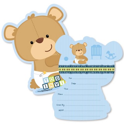 Big Dot of Happiness Baby Boy Teddy Bear - Shaped Fill-in Invitations - Baby Shower Invitation Cards with Envelopes - Set of 12