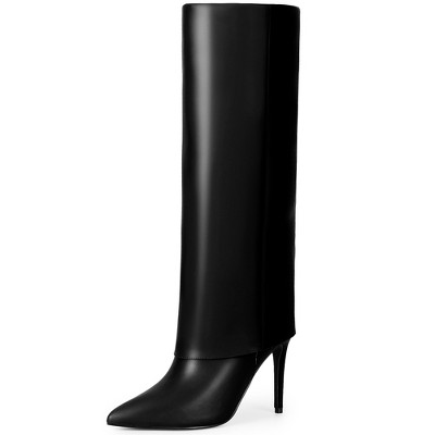 BLISSFUL STEP Women's Fold Over Pointed Toe Zipper Stiletto Heel Knee-High Boots