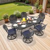 7-Piece Oval Cast Aluminum Outdoor Patio Dining Set with Swivel Chairs & Blue Cushions & Umbrella Hole - 2 of 4