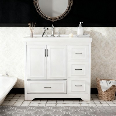 GDFStudio Selric Modern Freestanding 35.8'' Bathroom Vanity with Ceramic Sink, 2 Doors and 4 Drawers