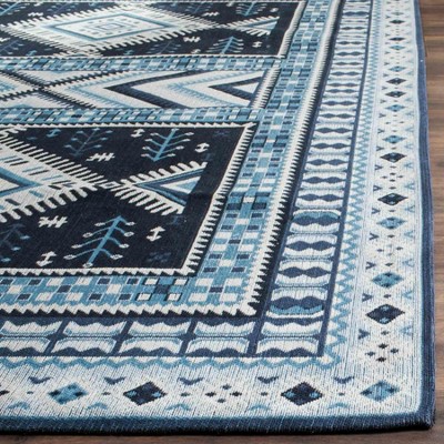 Navy and Light Blue Reversible Flat Woven Rug 5' x 8'