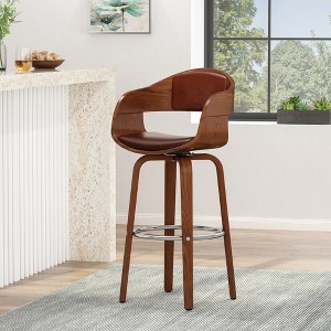 Mid-Century Modern Swivel Bar Stool with Faux Leather Upholstery, Wood Veneer Frame, and Chrome Footrest - 1 of 4