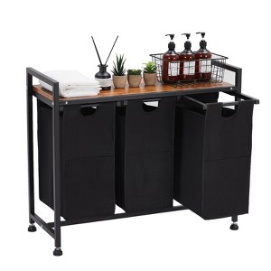 Laundry Basket on Wheels, Movable Laundry Hamper, Laundry Cart with Wooden Tabletop & Pulled-Out Basket - 1 of 4