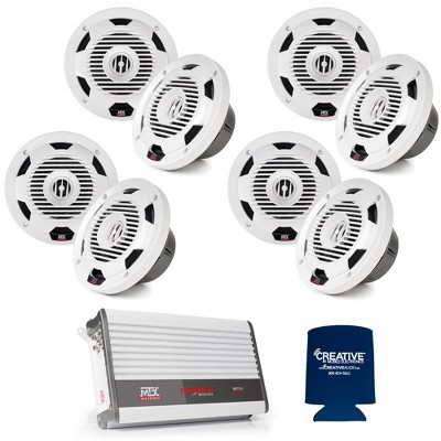 MTX 4 Pairs WET77-W 7.7" 75W RMS 4Ω Coaxial Speakers - White & WET75.4 Thunder Marine 100W x 4 @ 2Ω Amplifier