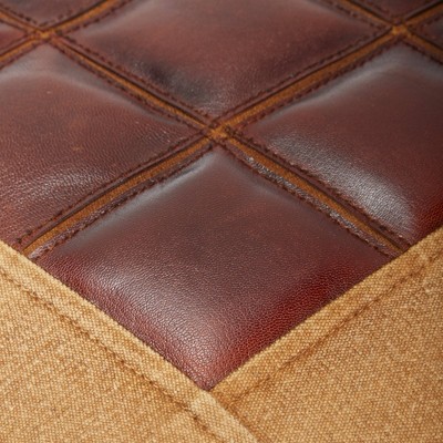 Rustic Square Canvas and Faux Leather Pouf in Brown