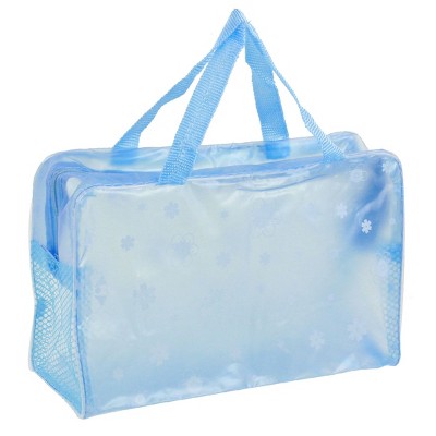 Unique Bargains Bathroom Flower Print Zipper Meshy Makeup Bag Light Blue Clear 1 Pc