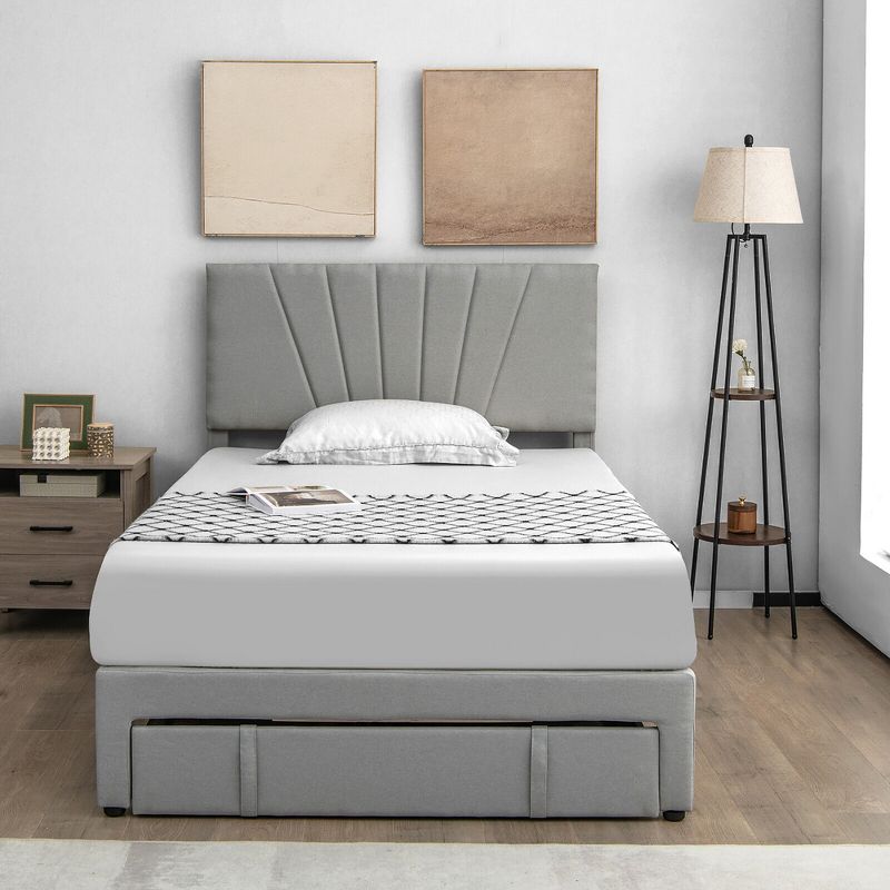 Tangkula Full/Queen Upholstered Bed Frame Platform Bed with Drawer & Adjustable Headboard Grey, 3 of 11