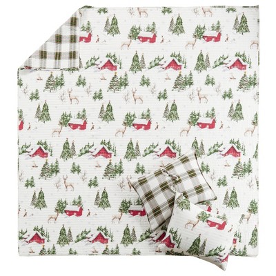 Full Red Cotton Reversible Christmas Holiday Quilt Set