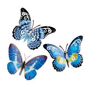 Collections Etc Hand-Painted Vivid Blue Butterfly Metal 3-Piece Wall Set - 1 of 2