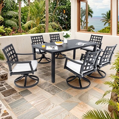 PAGED Outdoor Dining Set Outdoor Table and Chairs with Swivel Rock Chairs, Umbrella Hole, Cushions for Terrace, Lawn, Garden