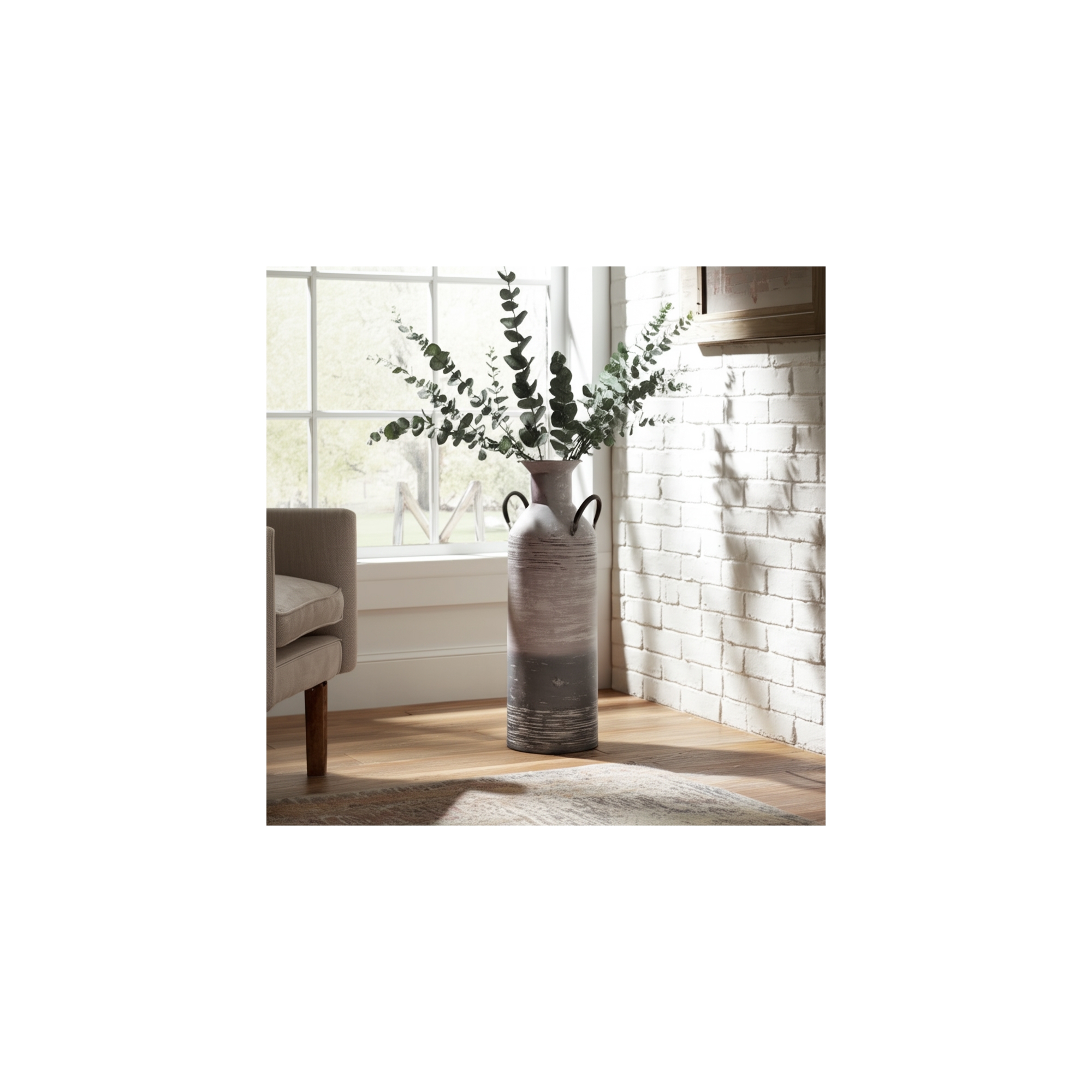 Tall Farmhouse Jug Iron Vase with Side Handles and Ribbed Detailing for Decorative Display and Accent Styling