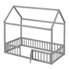 Kids House Bed Twin Size Wood Floor Bed With Fence Roof Pine Platform Bed With Rails Door For Boys Girls - 4 of 4