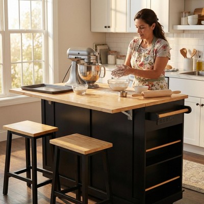 LauKingdom 48" Large Kitchen Island with 2 Bar Stools, Power Outlet, Drop Leaf Countertop, 5 Wheels, 2 Drawers, Door Storage Rack & Open Side Shelves, Black — фото 2