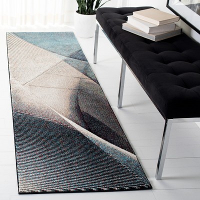 Beige and Blue Mid-Century Modern Runner Rug